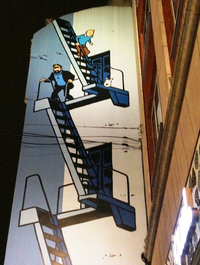 brussels belgium tin tin mural fire escape painted on wall snowy dog captain haddock