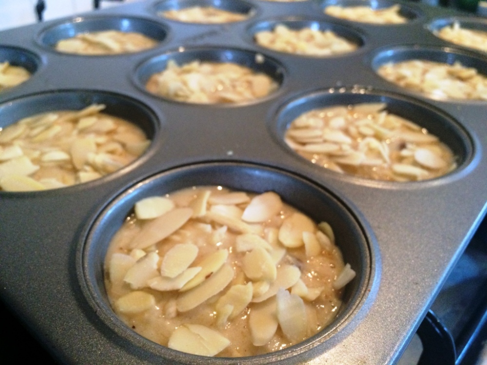 gluten-free dairy-free and sugar-free banana almond and apricot muffins topped with flaked almonds recipe ready to make
